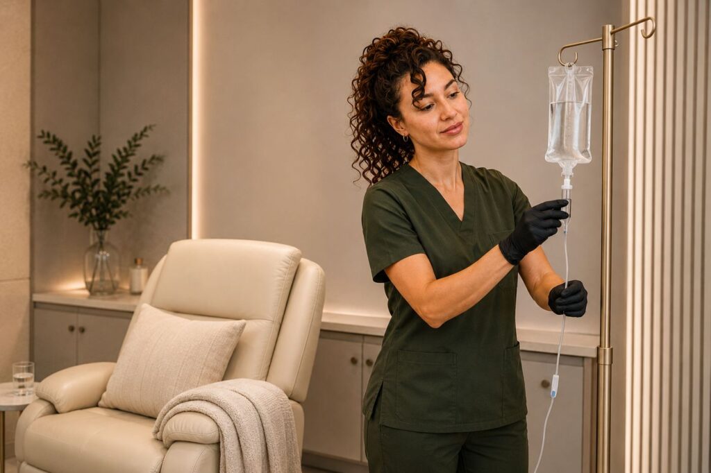 A registered nurse preparing IV therapy at Origin of Wellness